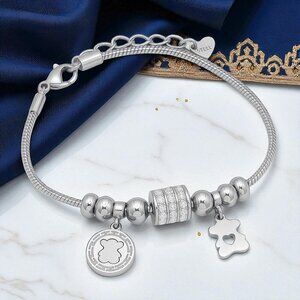 🆕️18K White Gold Plated Bear Charm Bracelet with Rhinestones Beads Trendy Gift